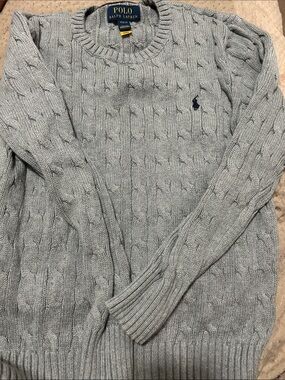 Polo by Ralph Lauren Men's Light Gray Cable-Knit Crewneck Sweater with Navy Pony